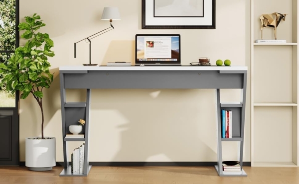 Ball & Cast Schreibtische (120 * 50 cm) mit X-förmiger Halterung, Einfacher Computertisch mit Sechs Lagerregal, Einfach & Zeitsparend Montierbar, Weiß + Grau Bild 5