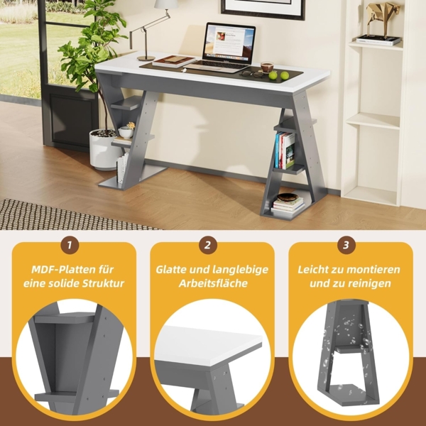 Ball & Cast Schreibtische (120 * 50 cm) mit X-förmiger Halterung, Einfacher Computertisch mit Sechs Lagerregal, Einfach & Zeitsparend Montierbar, Weiß + Grau Bild 6