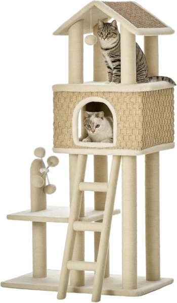 PawHut Kratzbaum Kletterbaum mit Katzenhöhle Spielbälle Spanplatte Plüsch Khaki+Beige, 69L x 40B x 131H cm