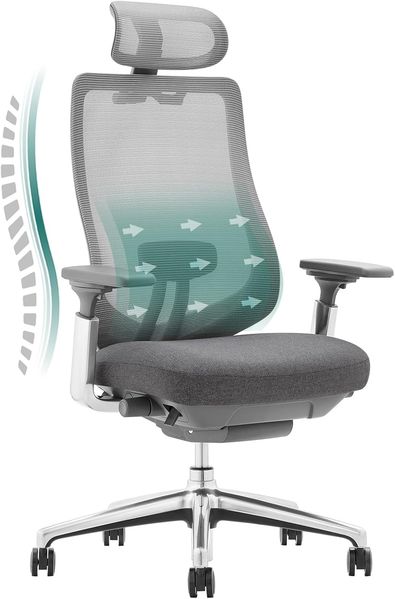 COLAMY Ergonomischer Netz-Bürostuhl, Hochleistungs-Computer-Chefschreibtischstuhl mit verstellbarem Kopfstütze und 4D-Armlehnen, Schiebesitz, Neigungssperre, Dunkelgrau