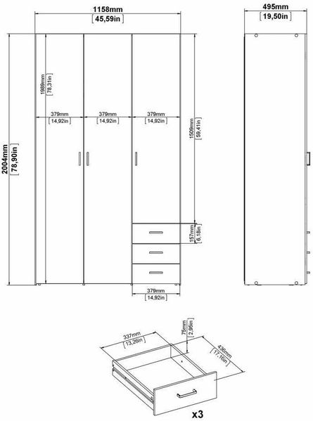 Dmora - Kleiderschrank 3 Türen Suzette, Schlafzimmermöbel, Schrank, Garderobe, 116x50 h200 cm, Weiß Bild 2