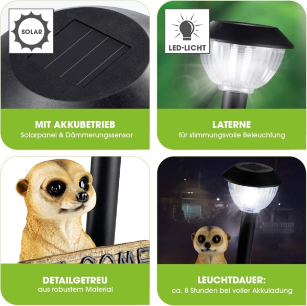 EASYmaxx Solar-LED Erdmännchen mit Laterne & Welcome-Schild | Kabellos mit automatischem Tageslichtsensor | Detailgetreu & handbemalt | Dekorativ für Garten, Balkon, Terrasse | 8 Stdn. Leuchtdauer Bild 3