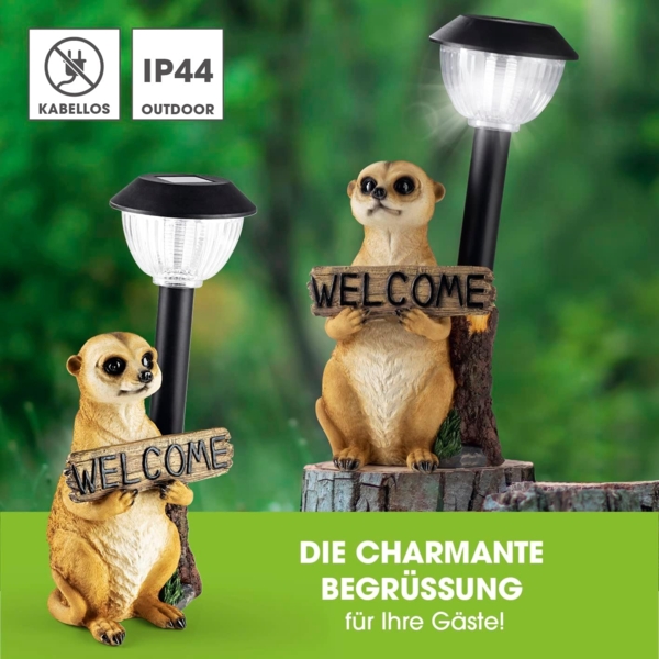 EASYmaxx Solar-LED Erdmännchen mit Laterne & Welcome-Schild | Kabellos mit automatischem Tageslichtsensor | Detailgetreu & handbemalt | Dekorativ für Garten, Balkon, Terrasse | 8 Stdn. Leuchtdauer Bild 2