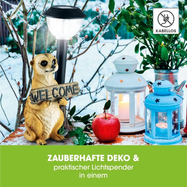 EASYmaxx Solar-LED Erdmännchen mit Laterne & Welcome-Schild | Kabellos mit automatischem Tageslichtsensor | Detailgetreu & handbemalt | Dekorativ für Garten, Balkon, Terrasse | 8 Stdn. Leuchtdauer Bild 4