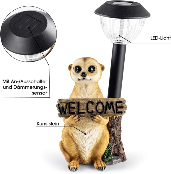 EASYmaxx Solar-LED Erdmännchen mit Laterne & Welcome-Schild | Kabellos mit automatischem Tageslichtsensor | Detailgetreu & handbemalt | Dekorativ für Garten, Balkon, Terrasse | 8 Stdn. Leuchtdauer Bild 6