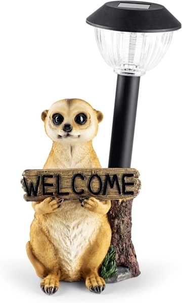 EASYmaxx Solar-LED Erdmännchen mit Laterne & Welcome-Schild | Kabellos mit automatischem Tageslichtsensor | Detailgetreu & handbemalt | Dekorativ für Garten, Balkon, Terrasse | 8 Stdn. Leuchtdauer Bild 1