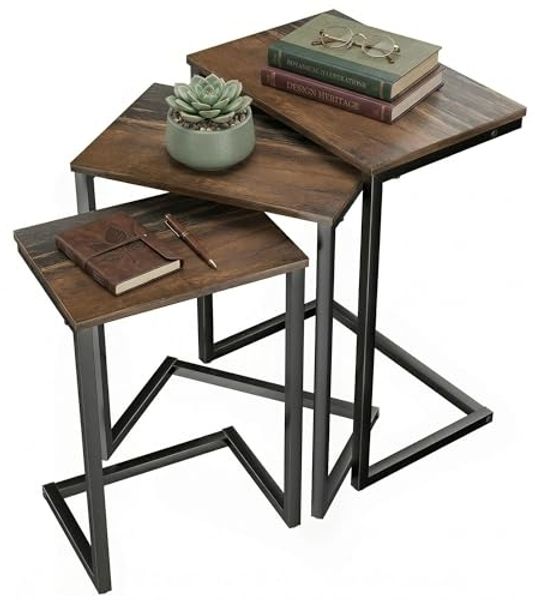 HOMCOM Beistelltisch Kaffeetische mit Stahlgestell im Industriedesign (Schreibtisch, 3-St, Couchtische), Rustikal-Braun Spanplatte, Stahl