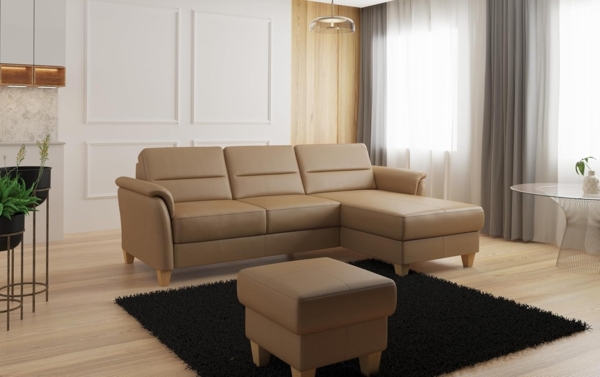 CAVADORE Leder-Ecksofa Palera mit Longchair / Landhaus-Couch mit Federkern + massiven Holzfüßen / 244 x 89 x 163 / Leder Beige Bild 2