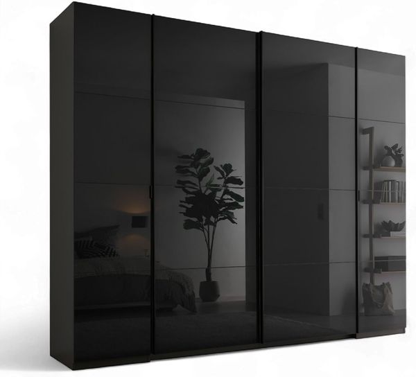 Stella Trading MUFO Kleiderschrank mit Glastüren in Graphit - Vielseitiger Schwebetürenschrank 4-türig für Ihr Schlafzimmer - 267 x 226 x 61 cm (B/H/T)