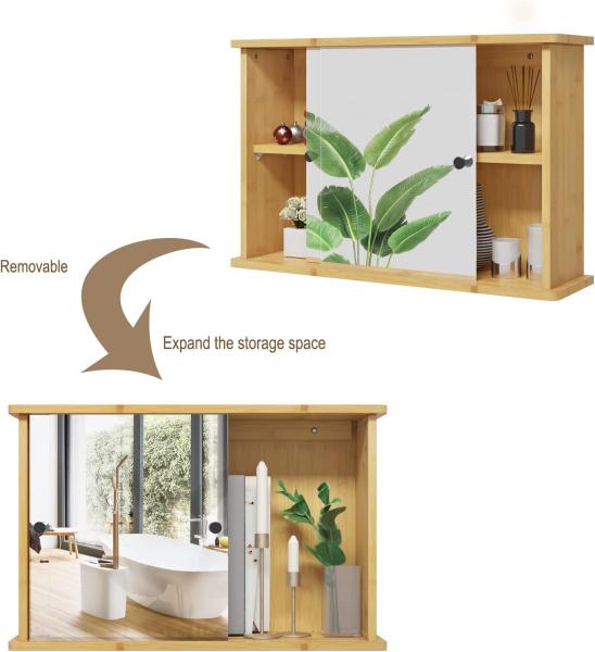 EUGAD Spiegelschrank für Bad, Badezimmerschrank mit Spiegeln, hängender Badschrank mit Schiebetüren, Hängeschrank für Badezimmer, mit Verstellbarer Ablage, aus Bambus, 55 x 35,5 x 14 cm Bild 6