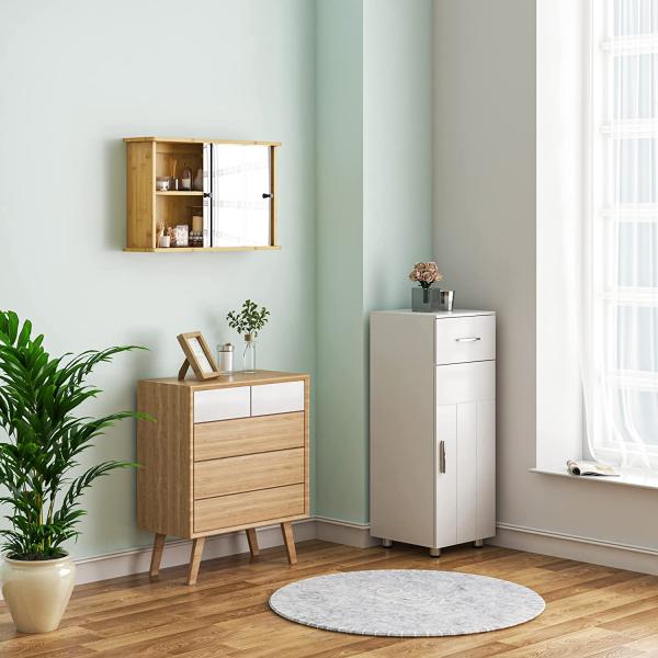 EUGAD Spiegelschrank für Bad, Badezimmerschrank mit Spiegeln, hängender Badschrank mit Schiebetüren, Hängeschrank für Badezimmer, mit Verstellbarer Ablage, aus Bambus, 55 x 35,5 x 14 cm Bild 4
