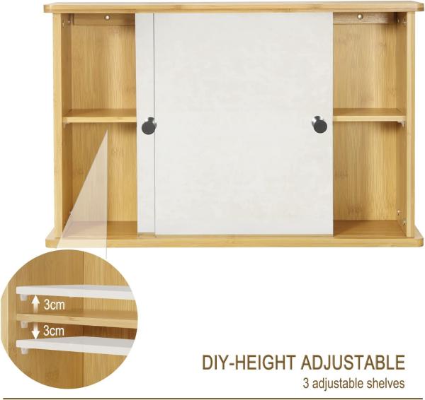 EUGAD Spiegelschrank für Bad, Badezimmerschrank mit Spiegeln, hängender Badschrank mit Schiebetüren, Hängeschrank für Badezimmer, mit Verstellbarer Ablage, aus Bambus, 55 x 35,5 x 14 cm Bild 7