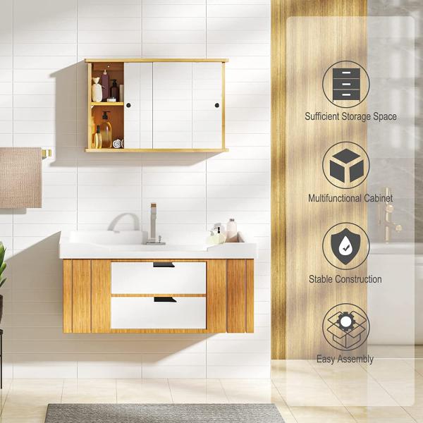 EUGAD Spiegelschrank für Bad, Badezimmerschrank mit Spiegeln, hängender Badschrank mit Schiebetüren, Hängeschrank für Badezimmer, mit Verstellbarer Ablage, aus Bambus, 55 x 35,5 x 14 cm Bild 3