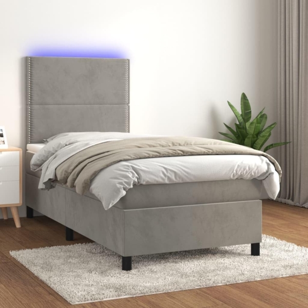vidaXL Boxspringbett mit Matratze & LED Hellgrau 90x200 cm Samt 3136041