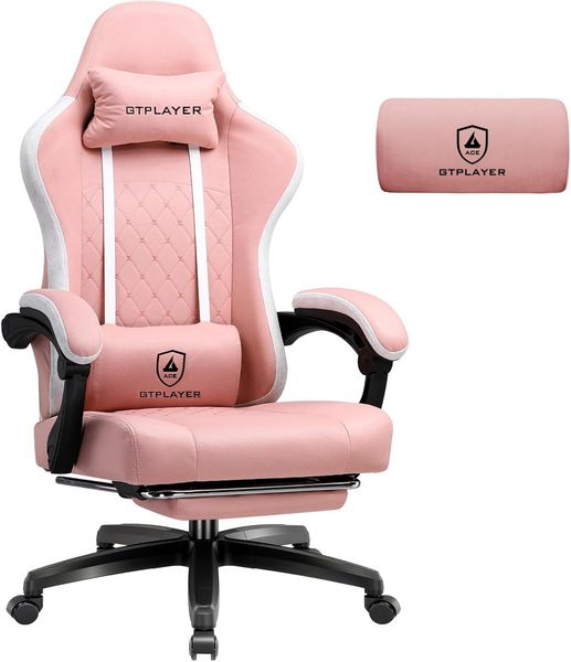 GTPLAYER Gaming Stuhl Stoff, Gaming Sessel mit Taschenfederkissen, ergonomischer Drehstuhl, Gamer Stuhl mit Fußstütze150 kg Belastbarkeit, Rosa