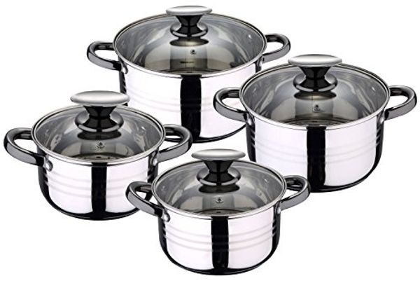 San Ignacio Kochgeschirr-Set, 8-teilig, Edelstahl - Glasklammern - Geeignet für Induktions-Kolektion Hita, Ø16 Ø18 Ø20 und Ø24 cm