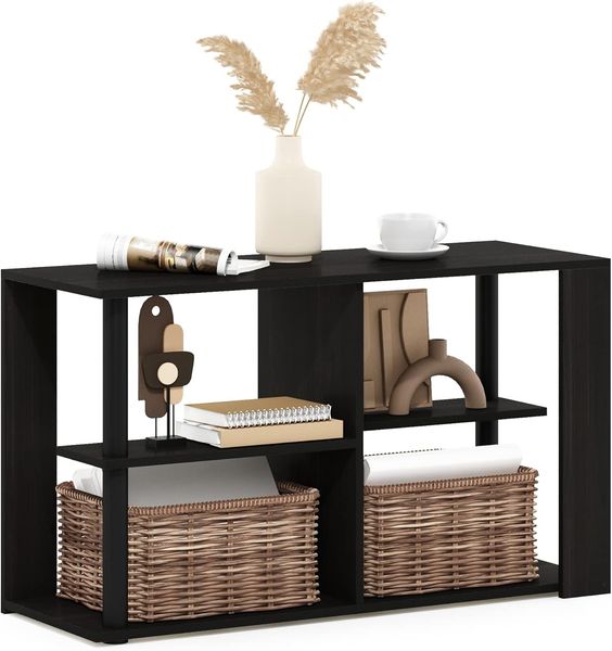 Furinno Romain Schmaler Beistelltisch mit Regalen, Espresso/Schwarz