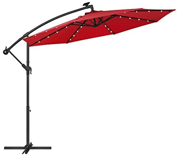 Songmics Sonnenschirm Mit Led-Solar-Beleuchtung, Ampelschirm 300 Cm, 32 Led-Lämpchen, Mit Ständer, Sonnenschutz Balkon, Balkonschirm, Upf 50 und mehr, Mit Kurbel, Für Terrasse, Garten, Rot Gpu018R01