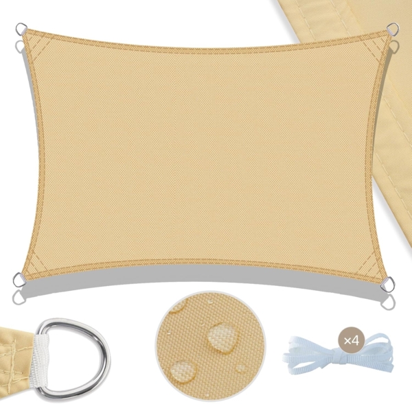 UMI Sonnensegel Wasserdicht 2x4 m Rechteckig Sonnenschutz Wetterschutz PES Polyester Segel Baldachin 95% UV Schutz mit Seilen für Garten Balkon Terrasse- Sand Bild 2