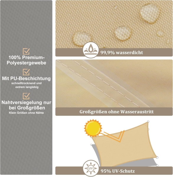 UMI Sonnensegel Wasserdicht 2x4 m Rechteckig Sonnenschutz Wetterschutz PES Polyester Segel Baldachin 95% UV Schutz mit Seilen für Garten Balkon Terrasse- Sand Bild 4