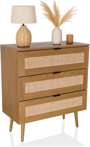 hjh LIVING Kommode mit Rattangeflecht 80 x 40 x 90 cm BOHEO K Schrank mit 3 Schubladen, Schubladenkommode mit viel Stauraum, Eiche-Optik