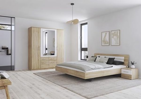 Rauch Möbel Burano Schlafzimmer, Eiche Sonoma / Weiß, bestehend aus Bett mit Liegefläche 180x200 cm inklusive 2 Nachttische und Drehtürenschrank BxHxT 181 x 212 x 58 cm