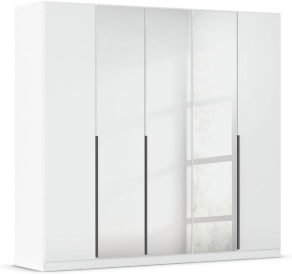 Rauch Möbel Alabama, Kleiderschrank, Garderobenschrank, 5-türig, Spiegel, Zubehör Basic, 3 Kleiderstangen, 6 Einlegeböden, Farbe Hochglanz Weiß/Weiß, Griff Grau metallic, 226 x 229 x 54 cm