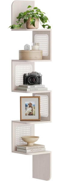 Vasagle Eckregal, 5 Ebenen, Wandmontage, Zickzack-Form, PVC-Rattan-Seitenplatten, platzsparend, Holzspanplatte, PVC-Kunststoff, haferflockenbeige, 20 x 20 x 126 cm