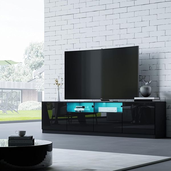 LED-TV-Ständer TV-Schrank TV-Einheit 180 cm Modern Weiß Hochglanz Front Matt Korpus mit 2 Türen und 4 Schubladen für Schlafzimmer Wohnzimmer Wohnmöbel (Schwarz)