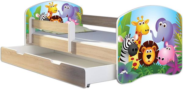 Kinderbett Jugendbett mit einer Schublade und Matratze Sonoma mit Rausfallschutz Lattenrost ACMA II 140x70 160x80 180x80 (01 Zoo, 160x80 + Bettkasten)