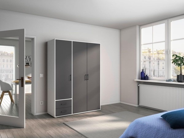 rauch Drehtürenschrank Kleiderschrank Schrank Garderobe Wäscheschrank VOYAGER (in 3 verschiedenen Ausstattungen BASIC/CLASSIC/PREMIUM) moderne Griffe in Graumetallic mit Außenschubkästen MADE IN GERMANY Bild 2