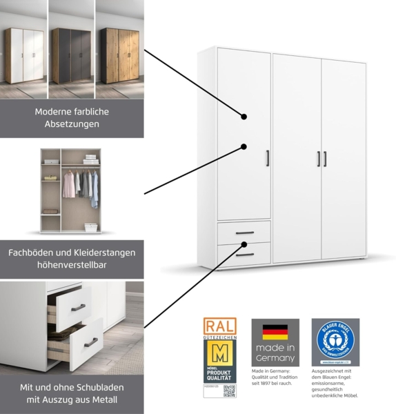 rauch Drehtürenschrank Kleiderschrank Schrank Garderobe Wäscheschrank VOYAGER (in 3 verschiedenen Ausstattungen BASIC/CLASSIC/PREMIUM) moderne Griffe in Graumetallic mit Außenschubkästen MADE IN GERMANY Bild 5