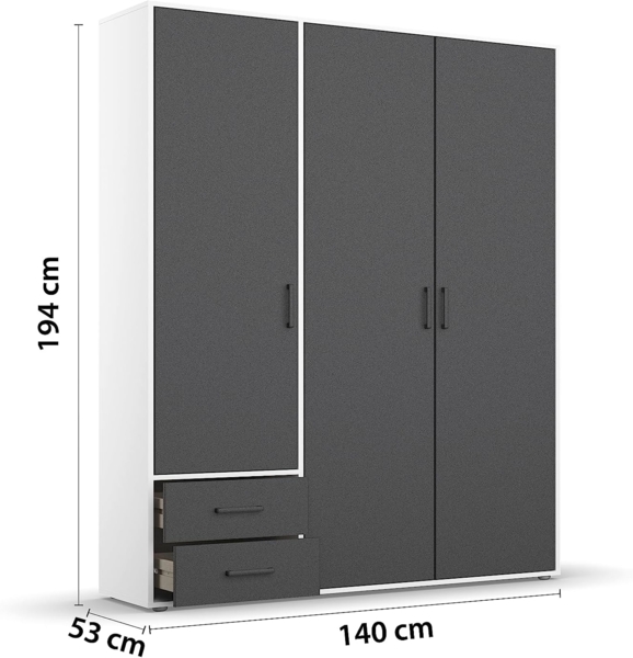 rauch Drehtürenschrank Kleiderschrank Schrank Garderobe Wäscheschrank VOYAGER (in 3 verschiedenen Ausstattungen BASIC/CLASSIC/PREMIUM) moderne Griffe in Graumetallic mit Außenschubkästen MADE IN GERMANY Bild 3