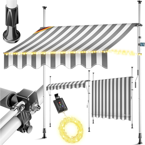 KESSER® Klemmmarkise mit Handkurbel & LED Lichterkette | Balkonmarkise ohne Bohren | Markise UV-beständig höhenverstellbar & wasserabweisend | Sonnenschutz für Balkon Terrasse & Garten Weiß / Grau, 300cm