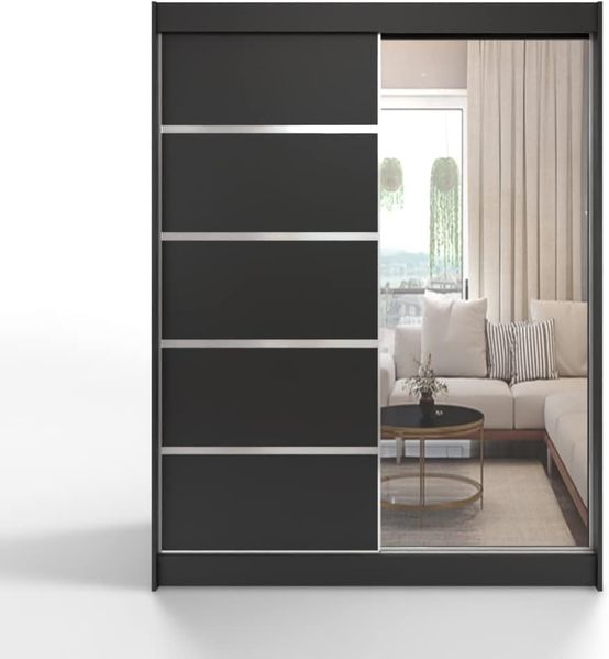 ML Furniture V5 Schiebeschrank 150 cm mit Spiegel, Kleiderschrank Schlafzimmer, Wohnzimmer- 150 x 200 x 58 Farbe: Schwarz, Schwebetürenschrank