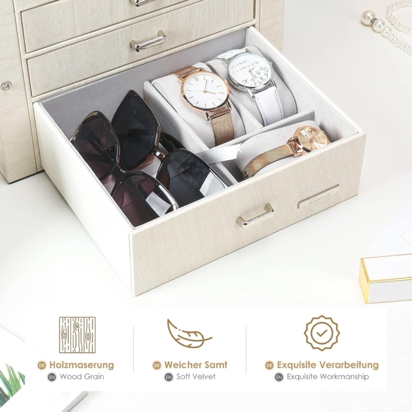 Yorbay Schmuckkasten Schmuckkoffer mit 4 Ebenen/2 Seitenfächern, Cremeweiß mit Holzmaserung (Abschließbar, Mit herausnehmbarer Mini-Box, Mit Spiegel), Schmuckkästchen für Halsketten/Uhren/Ringe/Armbänder/Ohrringe/Brille Bild 5
