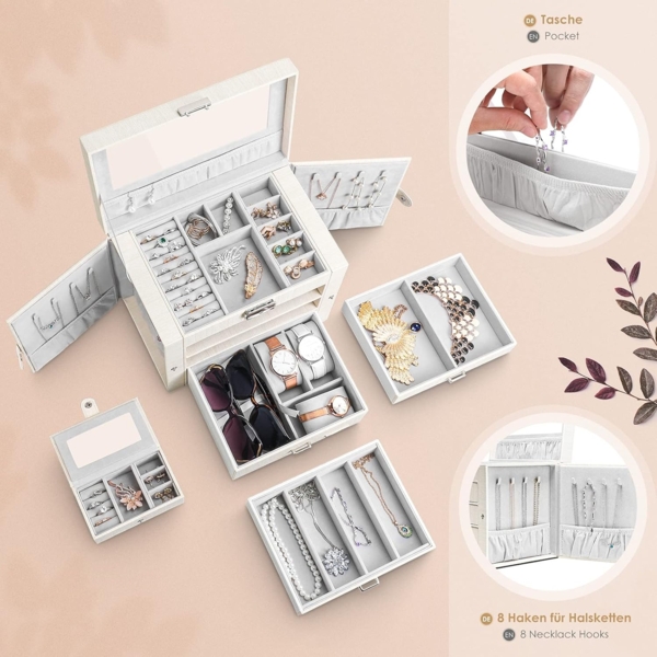 Yorbay Schmuckkasten Schmuckkoffer mit 4 Ebenen/2 Seitenfächern, Cremeweiß mit Holzmaserung (Abschließbar, Mit herausnehmbarer Mini-Box, Mit Spiegel), Schmuckkästchen für Halsketten/Uhren/Ringe/Armbänder/Ohrringe/Brille Bild 3