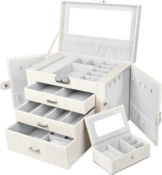 Yorbay Schmuckkasten Schmuckkoffer mit 4 Ebenen/2 Seitenfächern, Cremeweiß mit Holzmaserung (Abschließbar, Mit herausnehmbarer Mini-Box, Mit Spiegel), Schmuckkästchen für Halsketten/Uhren/Ringe/Armbänder/Ohrringe/Brille Bild 1
