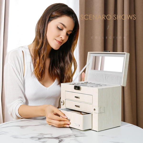 Yorbay Schmuckkasten Schmuckkoffer mit 4 Ebenen/2 Seitenfächern, Cremeweiß mit Holzmaserung (Abschließbar, Mit herausnehmbarer Mini-Box, Mit Spiegel), Schmuckkästchen für Halsketten/Uhren/Ringe/Armbänder/Ohrringe/Brille Bild 7