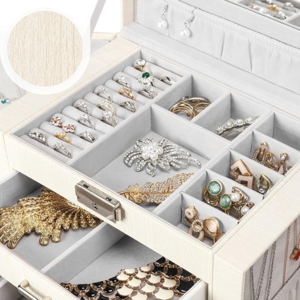 Yorbay Schmuckkasten Schmuckkoffer mit 4 Ebenen/2 Seitenfächern, Cremeweiß mit Holzmaserung (Abschließbar, Mit herausnehmbarer Mini-Box, Mit Spiegel), Schmuckkästchen für Halsketten/Uhren/Ringe/Armbänder/Ohrringe/Brille Bild 4