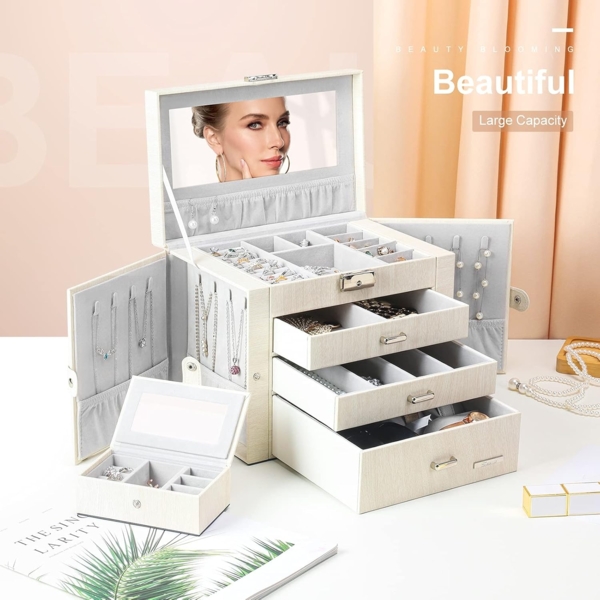 Yorbay Schmuckkasten Schmuckkoffer mit 4 Ebenen/2 Seitenfächern, Cremeweiß mit Holzmaserung (Abschließbar, Mit herausnehmbarer Mini-Box, Mit Spiegel), Schmuckkästchen für Halsketten/Uhren/Ringe/Armbänder/Ohrringe/Brille Bild 8