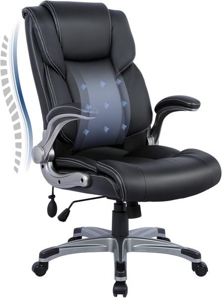 COLAMY Bürostuhl Ergonomisch, Chefsessel mit Hoher Rückenlehne, Schreibtischstuhl Lederstuhl mit Gepolsterten Klapparmlehnen, Verstellbarer Neigungsverschluss, Drehstuhl für Erwachsene, Schwarz