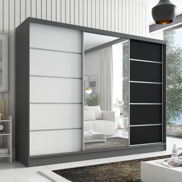 Schwebetürenschrank AVIRA 1 3-türig Schrank 200 cm (mit Spiegel) Farbe: Schwarz , Weiß