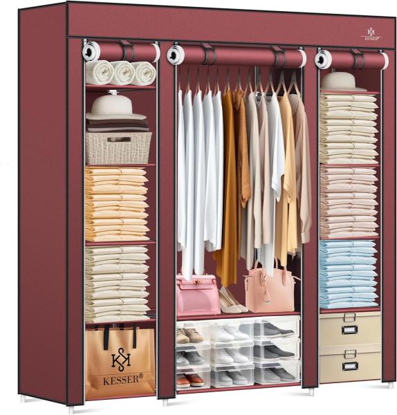 KESSER® Kleiderschrank Stoffschrank Stabil mit Kleiderstange & Ablagen, Inkl. 5x Kleiderbügel, Stoff Faltschrank für Schlafzimmer, Ankleidezimmer Garderobe mit Kleiderständer 150x45x175cm Bordeaux Rot