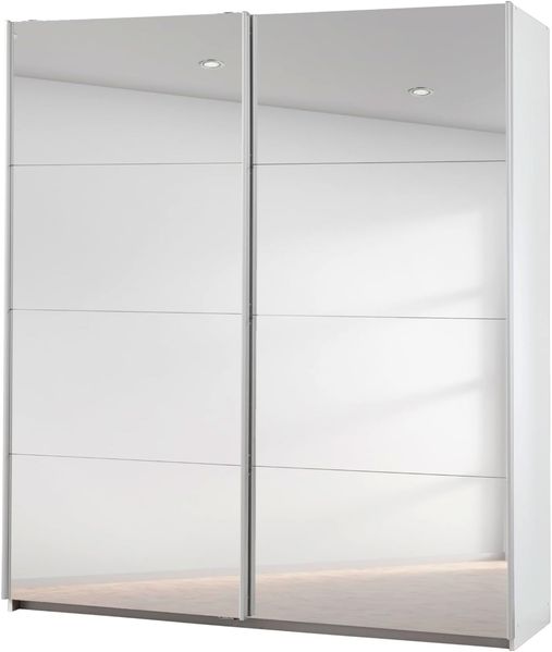Rauch Möbel Caracas Schrank Schwebetürenschrank Weiß mit Spiegelfront 2-türig inkl. Zubehörpaket Premium 6 Einlegeböden, 2 Kleiderstangen, 1 Hakenleiste, Türdämpfer-Set, BxHxT 181 x 210 x 62 cm