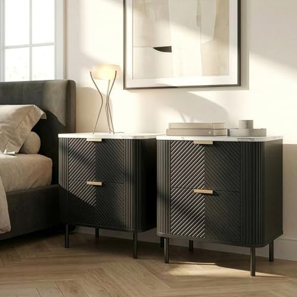 Nachttisch Olvehok 2er Set 55x52x38 cm Schwarz/Marmoroptik, weiß [en. casa]