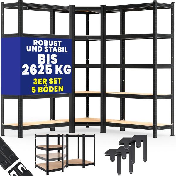 Monzana® 3er Set Schwerlastregal Eckregal 2625 kg 15 MDF-Platten Regal Lagerregal Kellerregal Steckregal Werkstattregal Regalsystem Schwarz