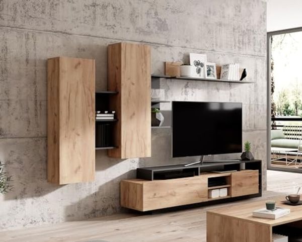 Wohnwand Anbauwand Alva 4-teilig Wildeiche Gold anthrazit
