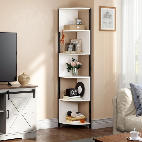 YITAHOME Bücherregal, mit 6 Ebenen, Eckregal stehend, Modern Freistehend, Display-Eck-Bücherregal, Aufbewahrungsregal Holz für Wohnzimmer, Büro, Schlafzimmer, Arbeitszimmer (weiß)