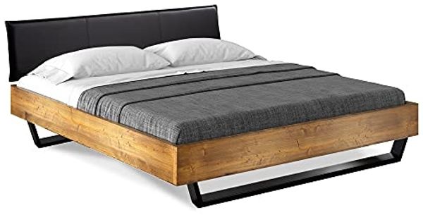 Möbel-Eins CURBY Kufenbett mit Polster-Kopfteil, Material Massivholz, rustikale Altholzoptik, Fichte, Kufen schwarz vintage 90x200 cm Kunstleder Schwarz ohne Steppung